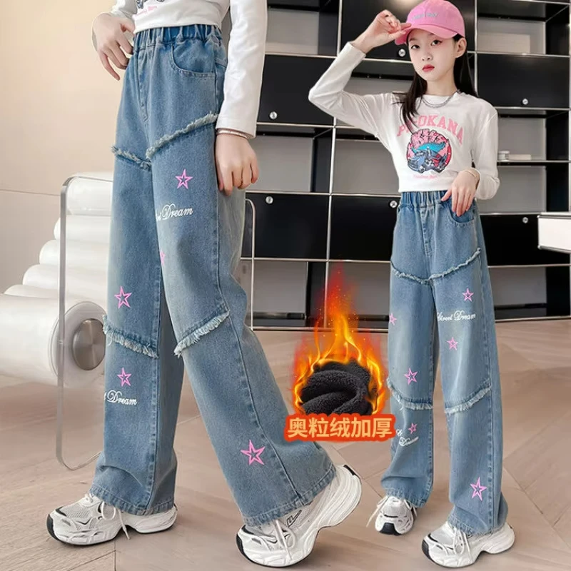 Tienermeisjes Jeans Schoolkinderen Denim Broek Met Fleece Herfst Winter Casual Bloemenprint Kinderen Wijde Pijpen Geïsoleerde Broek