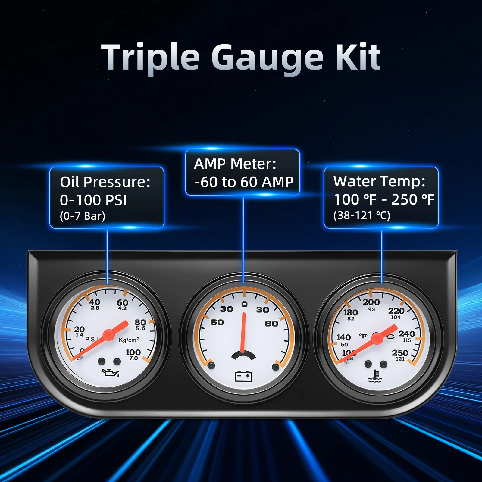 12V Car Auto 3 IN 1 Triple Meter Kits 52MM Oil Pressure Gauge+AMP,Ammeter/Voltage+Water Temperature Meter with Sensor 1/2NPT