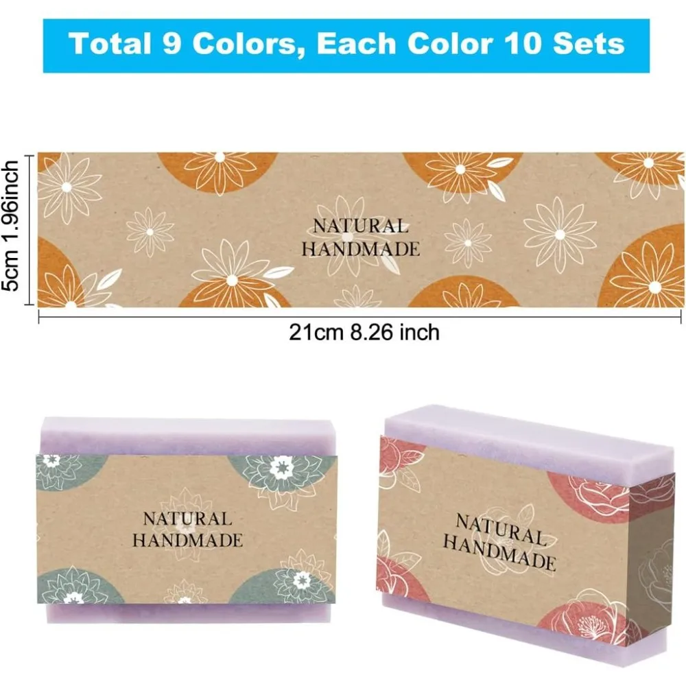 90pcs Wrap Paper Tape 9 Style Vintage Band Label Flower Paper Tag Wrapper Sleeves Covers Vertical Tags for Handmade Soap Lotion