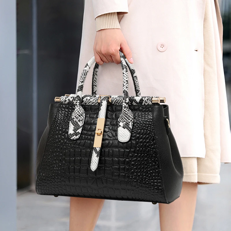 Genuine Cowhide Leather Crocodile Embossed Women Tote Bag, Snakeskin Handle Handbag with Lock Clasp for Travel