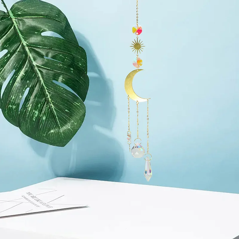 Colorido cristal Wind Chimes, Janela Suncatcher, Lua e estrela, Janela suspensa