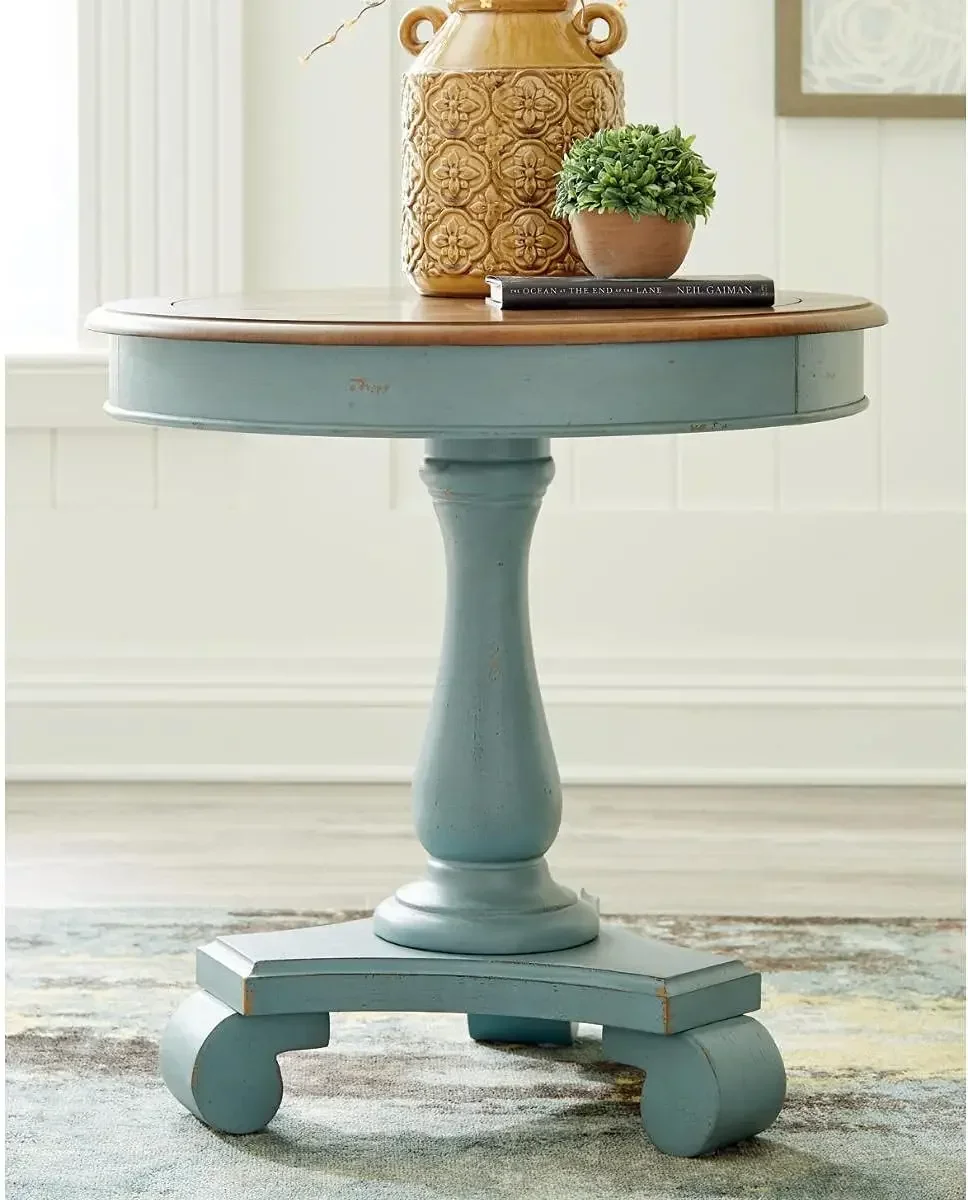 Farmhouse Round Accent Table, Teal & Brown