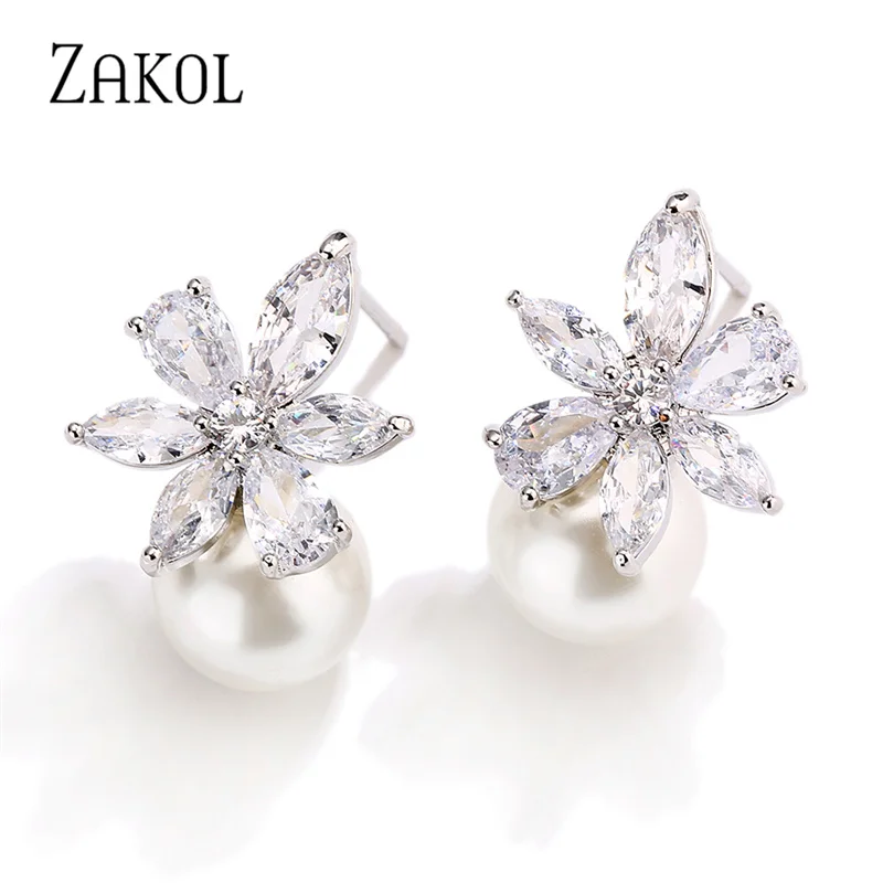 ZAKOL Korea Fashion Imitation Pearl Flower Stud Earrings Shinny Marquise Zircon Wedding Earring for Women Party Jewelry Brinco