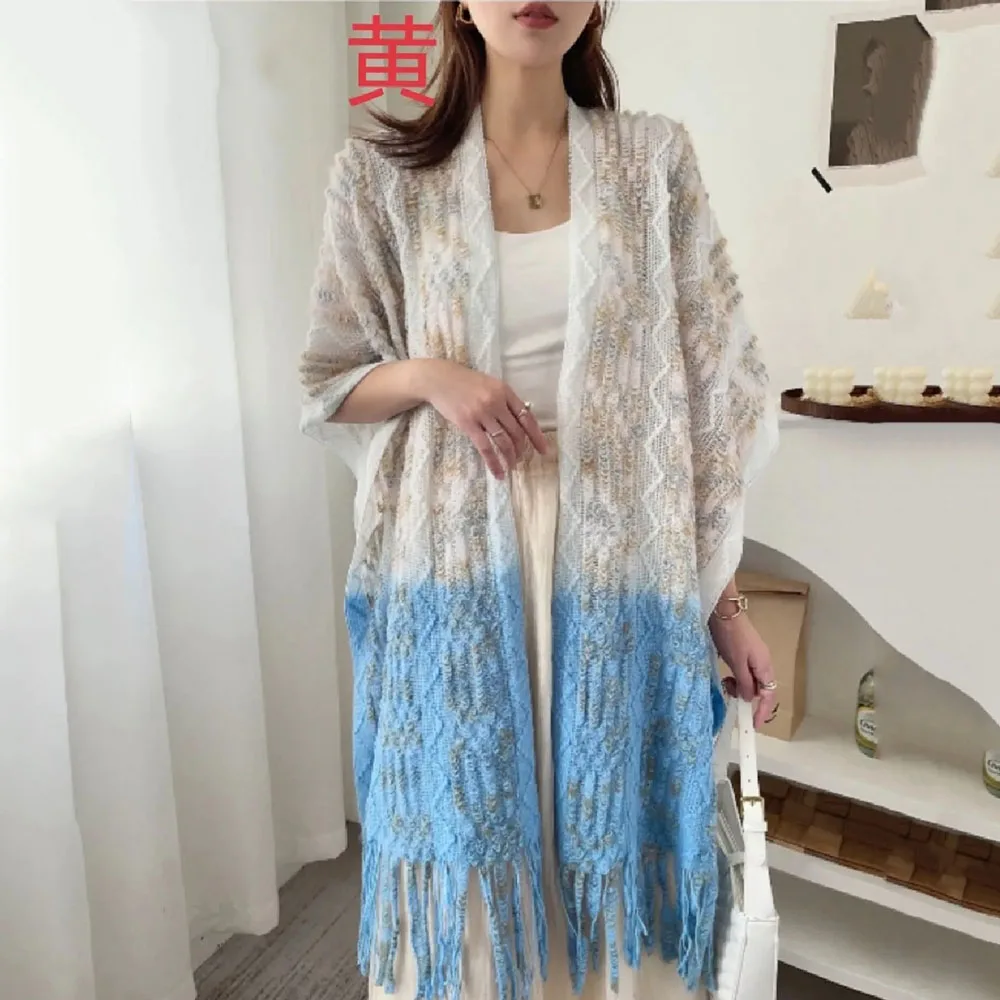 Dyed Ethnic Elegant Shawl Scarf Ladies 2024 New Fashion Travel Sunscreen Knitted Cardigan Hollow Tassel Cloak Sweater Female Tid