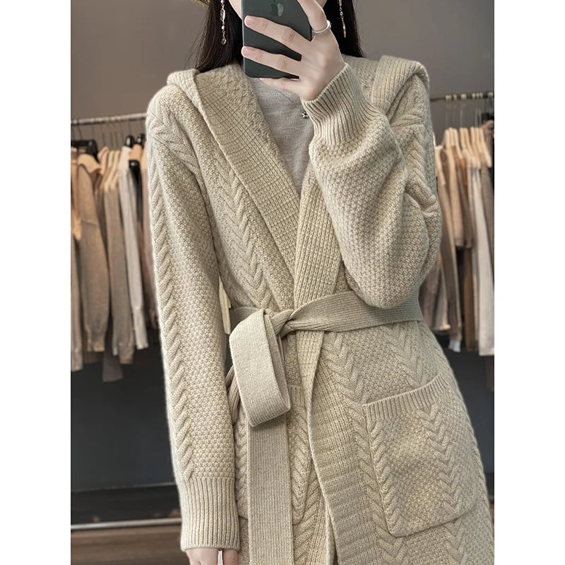 24 New 100% Merino Wool Hooded Coat Women\'s Fashion Long Sleeve Knitted Long Cardig Sweater