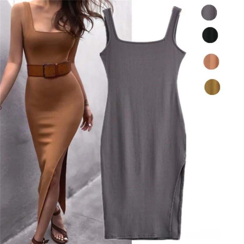 Tapete australiano gola quadrada slim fit fenda lateral colete saia feminina camada de base retrô comprimento médio H-ape Dr