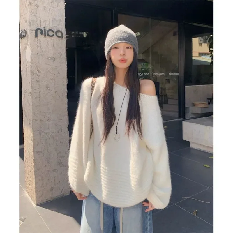 

Повседневный свободный ленивый стиль с открытыми плечами, осень 2022, новый топ, женский пуловер, свитер