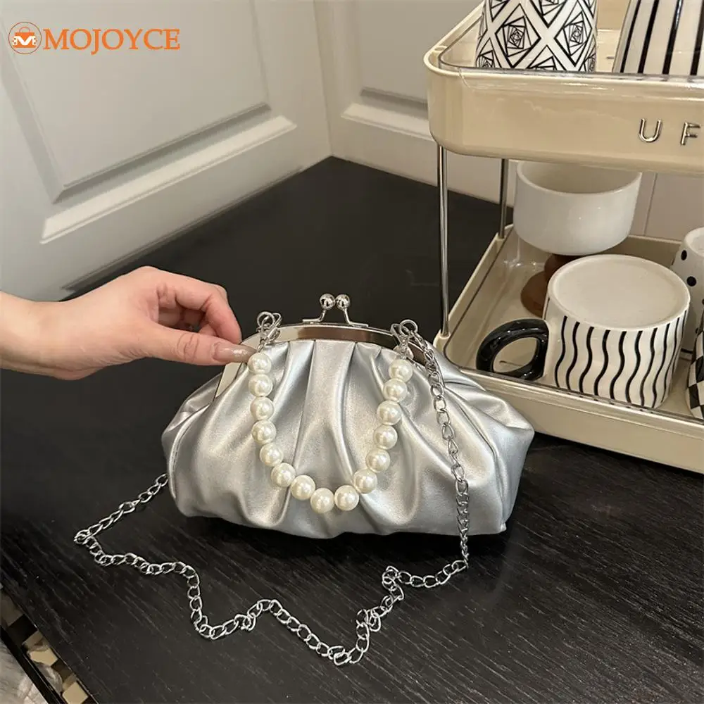 

Women's Crossbody Bags Soft Leather Shell Clip Shoulder Bag Pearl Chain Evening Bag Pleated Clouds Handbag Luxury Clutch Purse