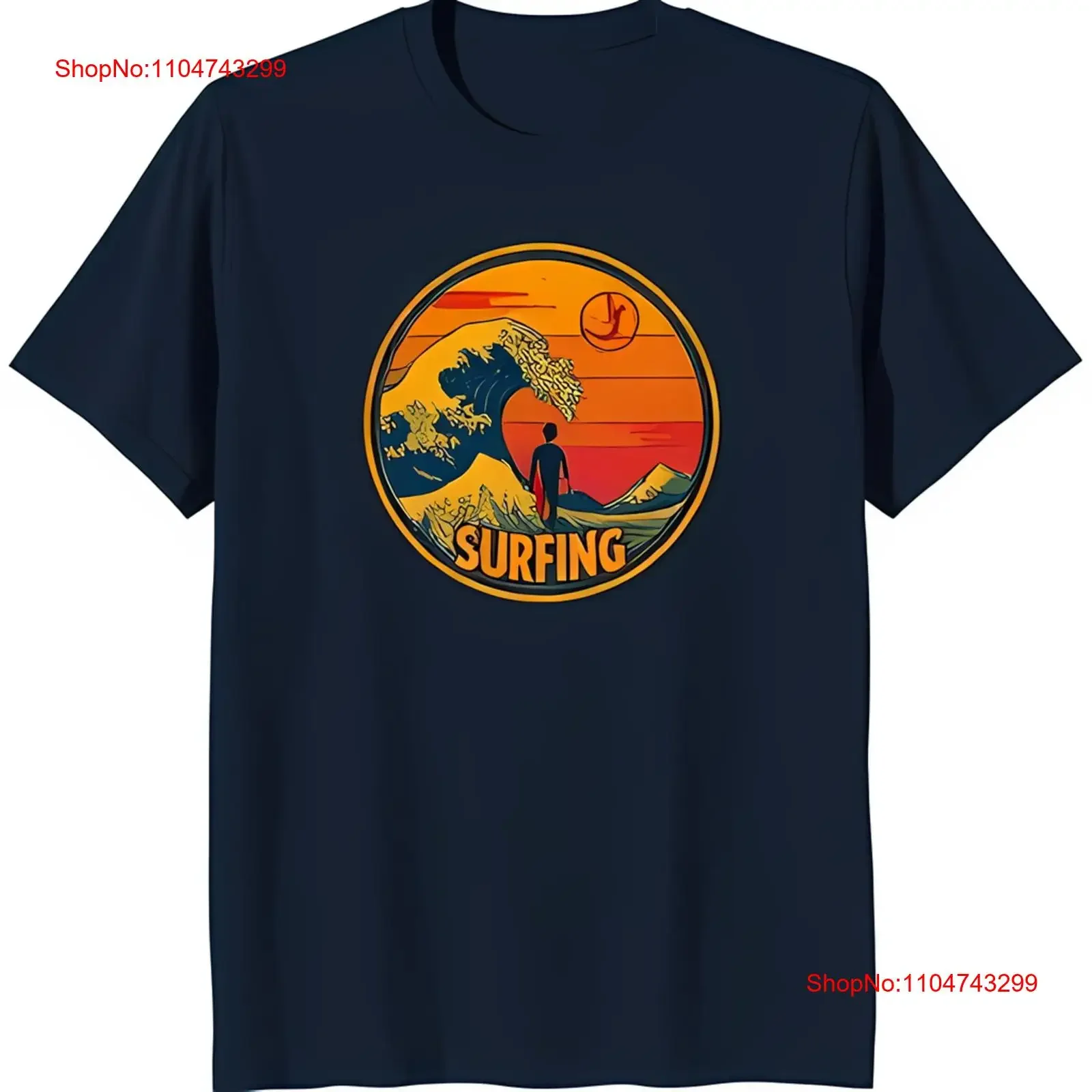 

Retro Surfer T Shirt Blue with Sunset Wave Design 'SURFING' Text vintage Washed Breathable Versatile fashion Casual Soft
