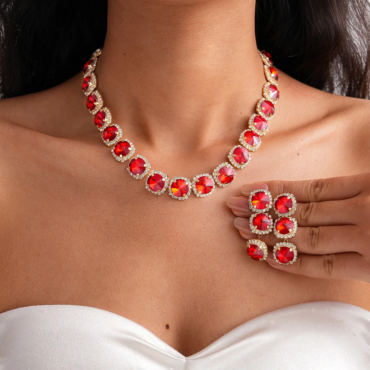 Square Red Crystal Halo Jewelry Set Expensive Zircon Choker Drop Earring Wedding Gala Bridal Evening Formal Party Luxury Piece