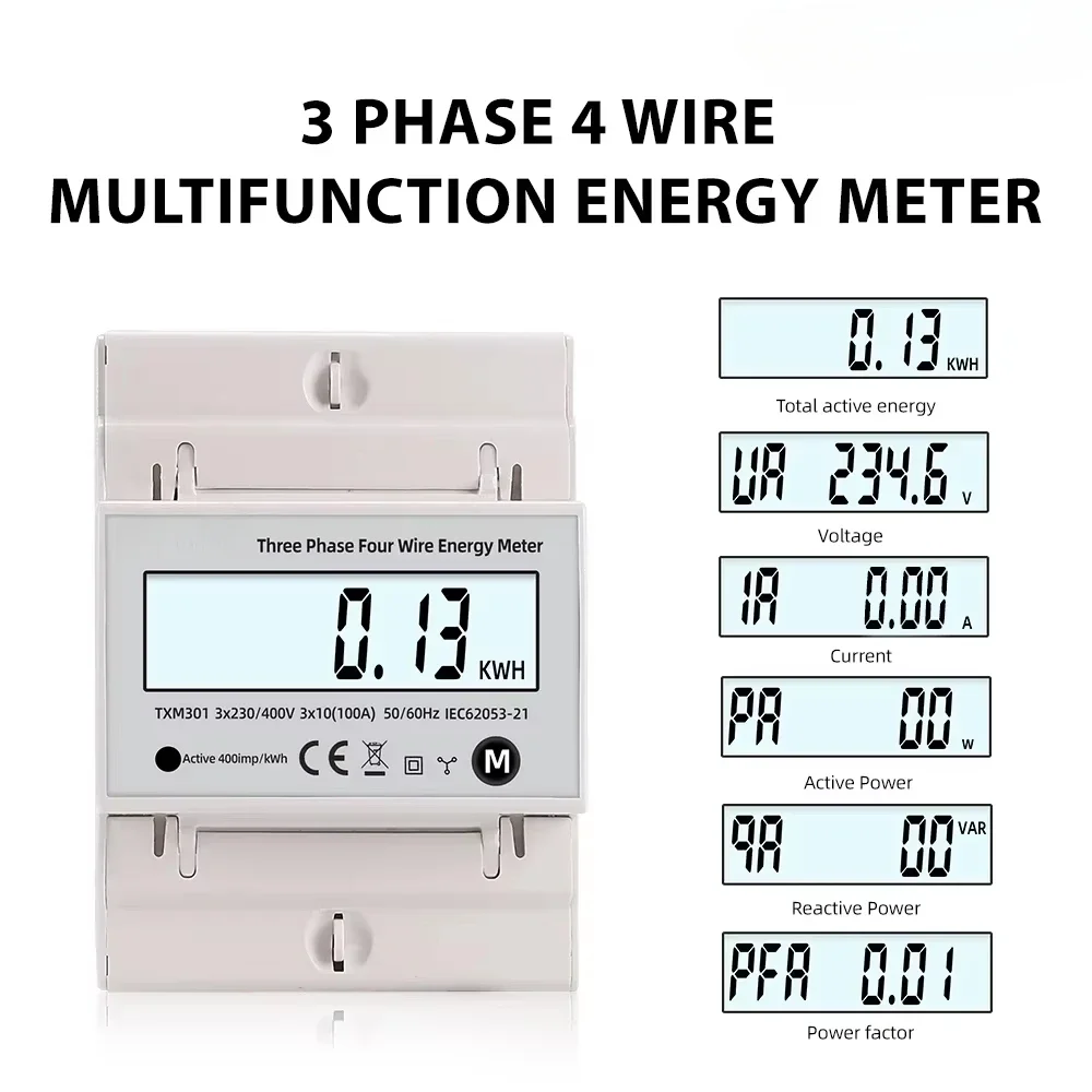 Multifunction 380V 3 Phase 4 Wire Wattmeter Power Bidirectional Energy oltage Current 100A AC 50Hz 60Hz Solar PV
