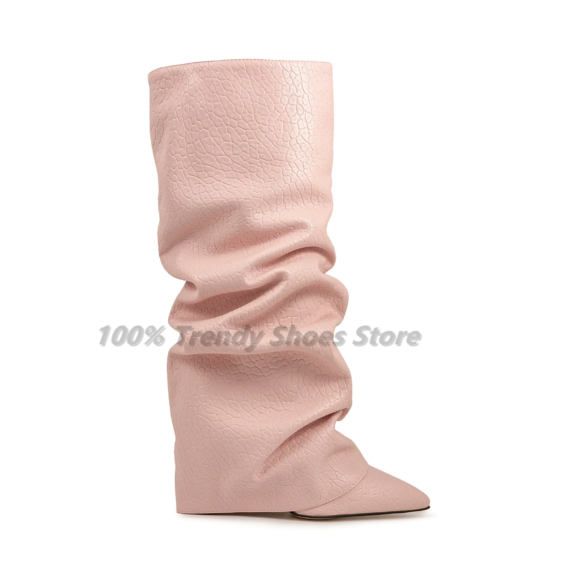 

New Foreign Trade Style Slope Heel Pointed Fold Stacked Boots Large High Heels Knee Boots Sleeve Skirts Women's Pants Tube Boots