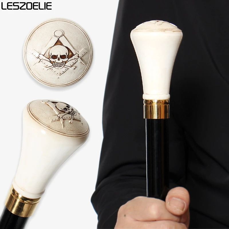93cm Black German Beech Wooden Walking Stick with Skull Head Resin Handle Masonic Design Fashionable Cane for Men And