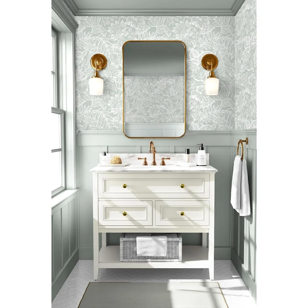 ورق جدران أخضر قابل للتقشير واللصق 17.3 × 590 لغرفة نوم الحمام - تصميم زهور بيضاء حديثة، شركة ديكور ذاتية اللصق قابلة للإزالة #2