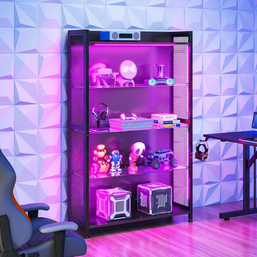 Armário de exibição MOTPK com luzes LED, vitrine com prateleiras de armazenamento de vidro, armário de curiosidades de 4 camadas para colecionáveis, display