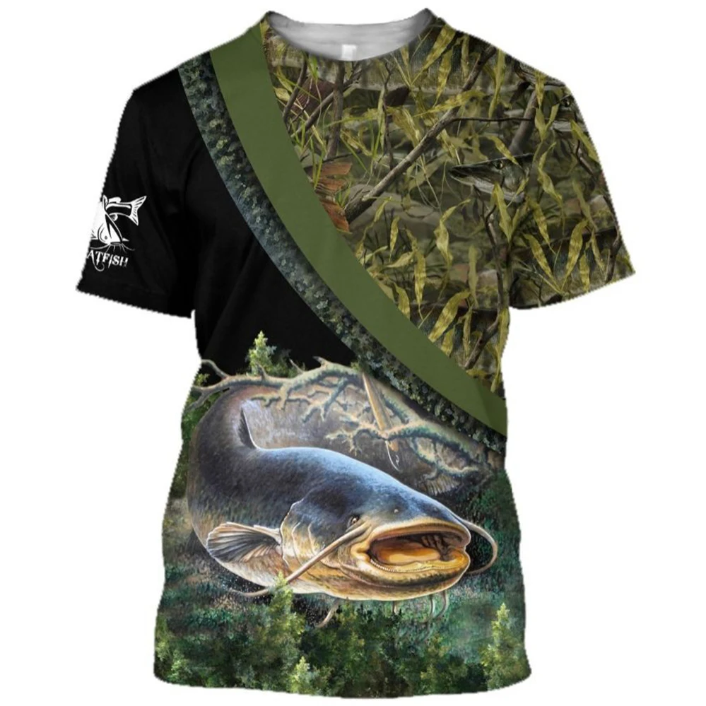 Men's Tee Shirt Summer Carp Fishing 3D Print Clothes For Men Outdoor Catfish Loose Short Sleeve Casual Street Clothing Tops