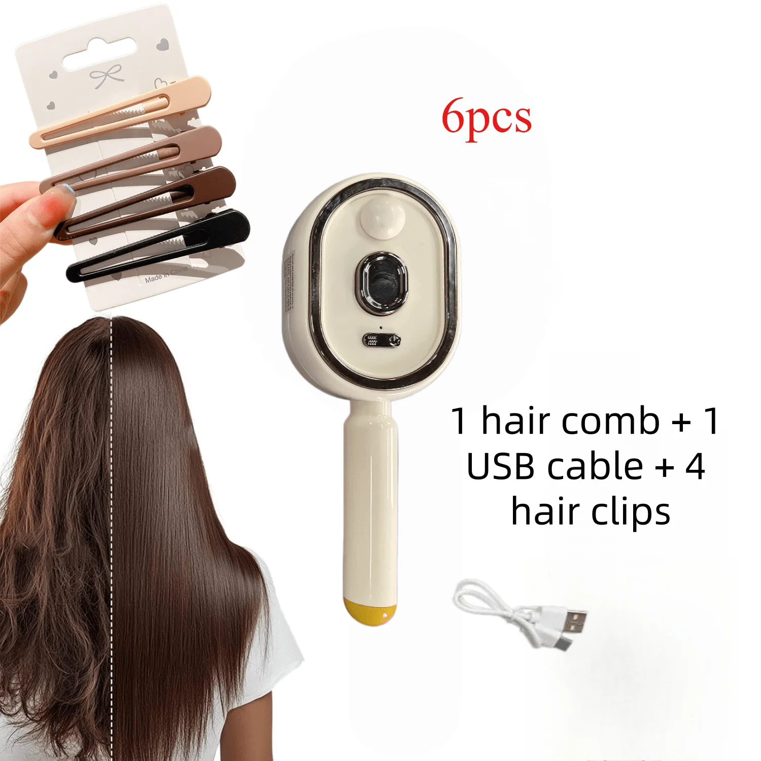6Pcs Electric Spray Air Cushion Massage Hair Brush Set, 1 Comb+1 Cable+4 Hair Clips