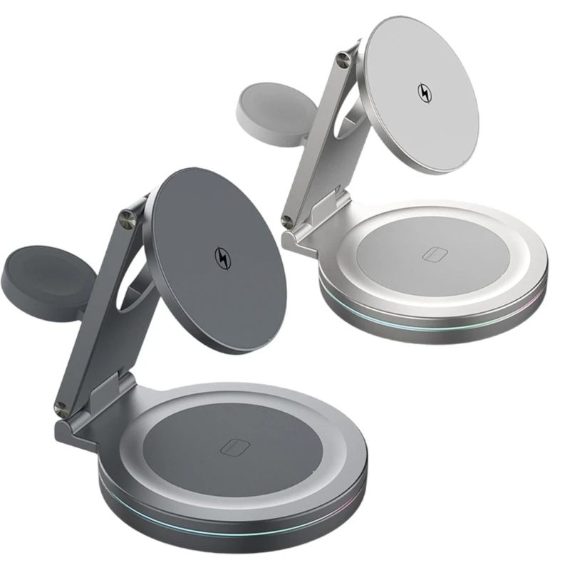 U2JE 360 Degree Rotatable 3 in 1 Wireless Charging Foldable Metal Stand Holder for Phone Watch Earbud Multiple Device Support