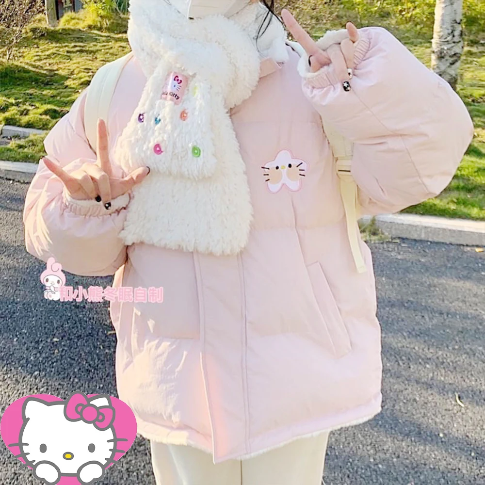 Piumino Kawaii Cappotto Hello Kitty Top reversibili da donna Sanrio Anime Winter Girls Giacca in cotone carino Cappotto caldo addensato