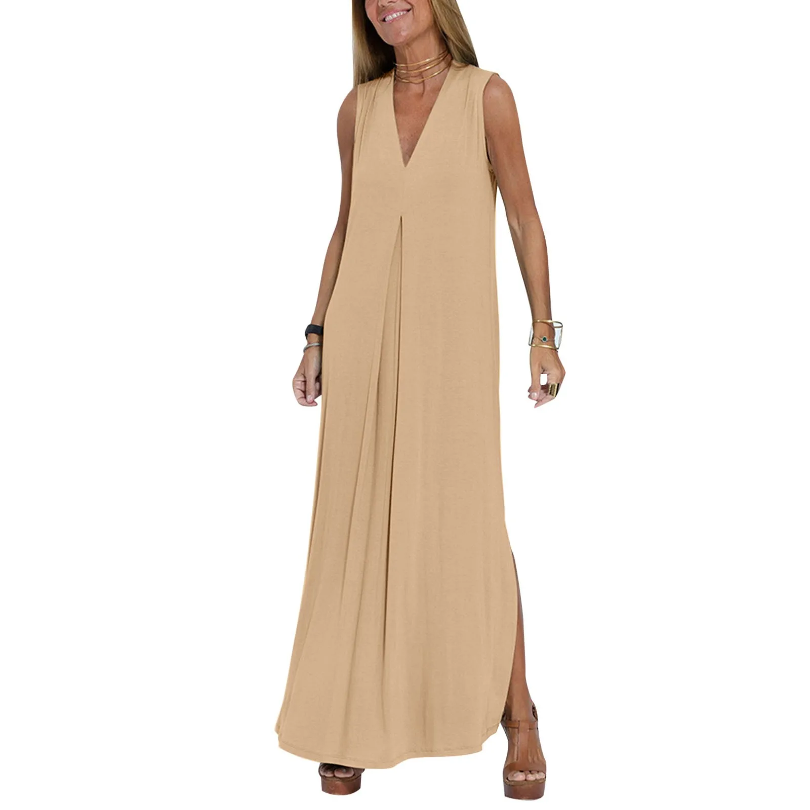 Women V Neck Solid Color Sleeveless Pullover Drape Casual Elegant Slit Dress Dress for Women below Knees