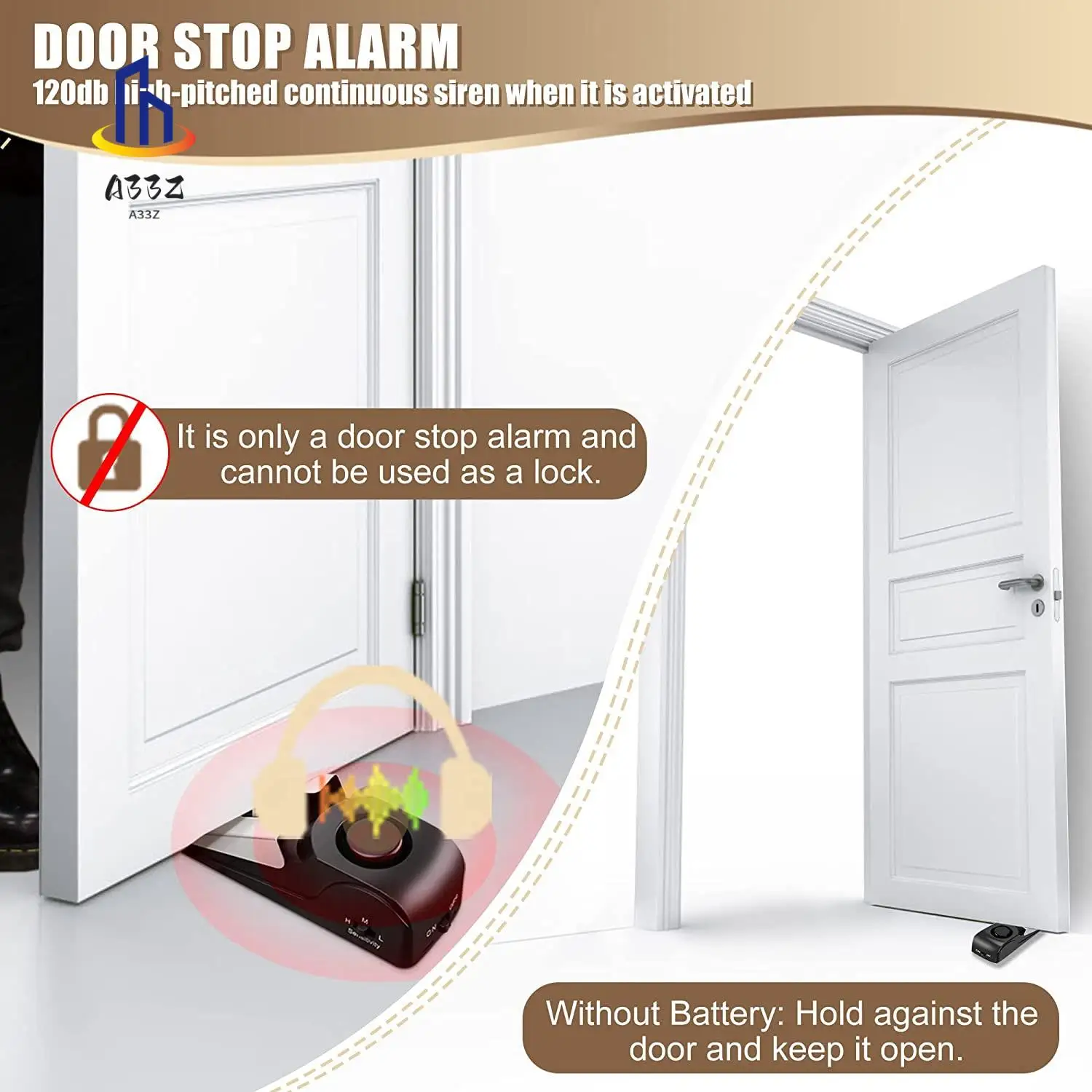 

A33Z-2 Pack Door Stop Alarm Door Alarm With 120DB Security Siren For Home Security Door Alarms