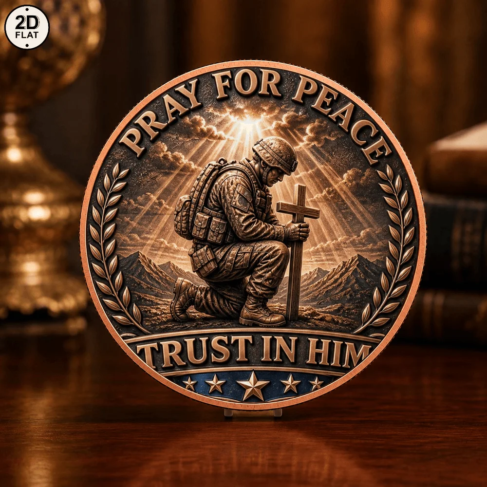 1pc 1oz .999 Fine Copper Pray For Peace Trust In Him Challenge Coin Kneeling Soldier Cross Commemorative Medal Gift for Veteran