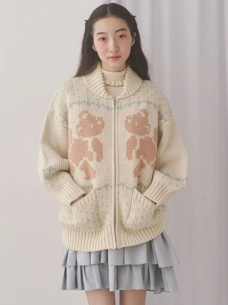 Frühling und Herbst Mädchen japanischen Stil süße süße Bär Jacquard Strickjacke Student täglich lässig gestrickte Jacke Pullover