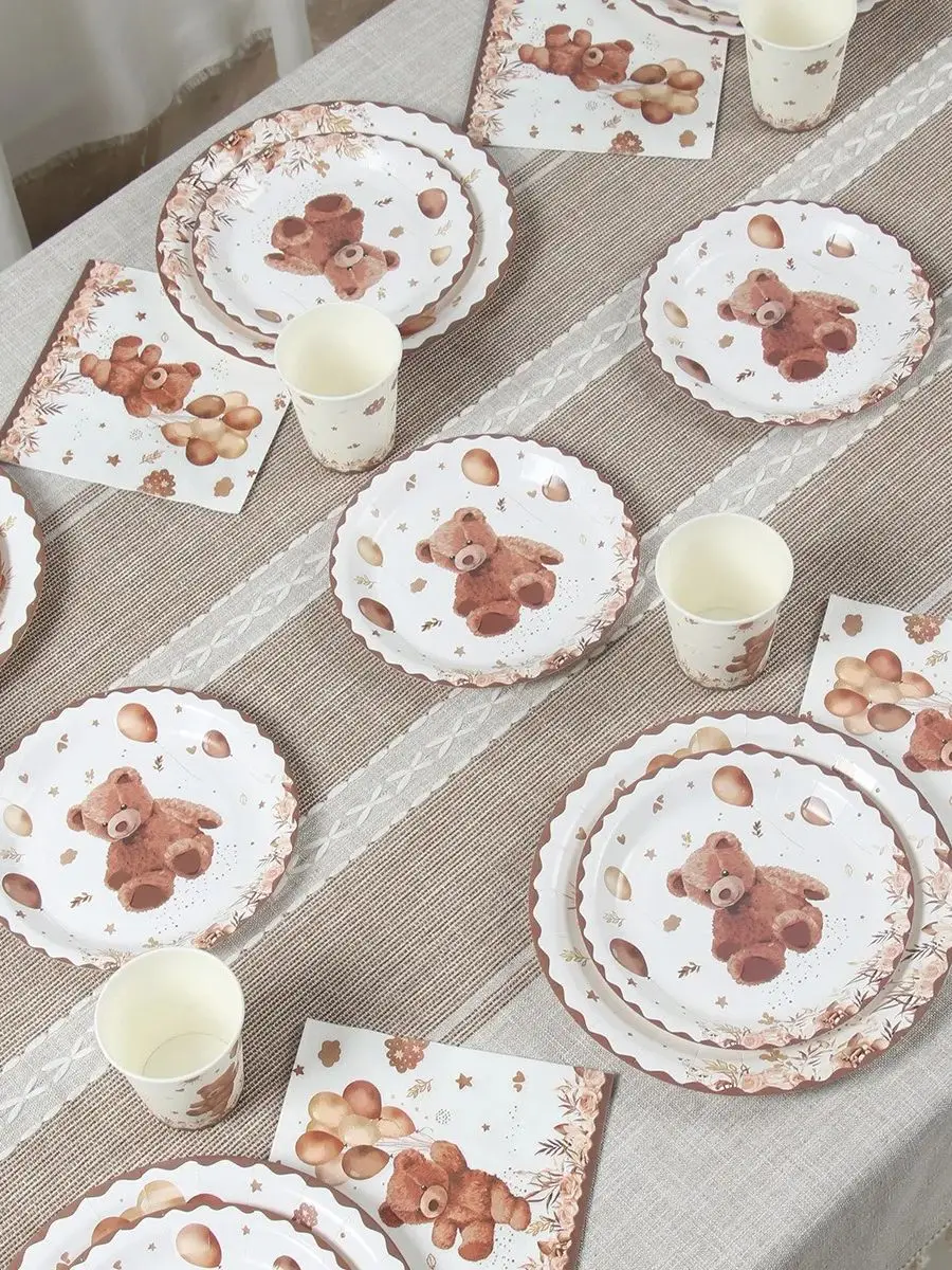Braunbär-Party Pappteller Kindergeburtstag Tischdekorations-Set Einweg-Pappbecher Servietten und Teller Set – Detail 1