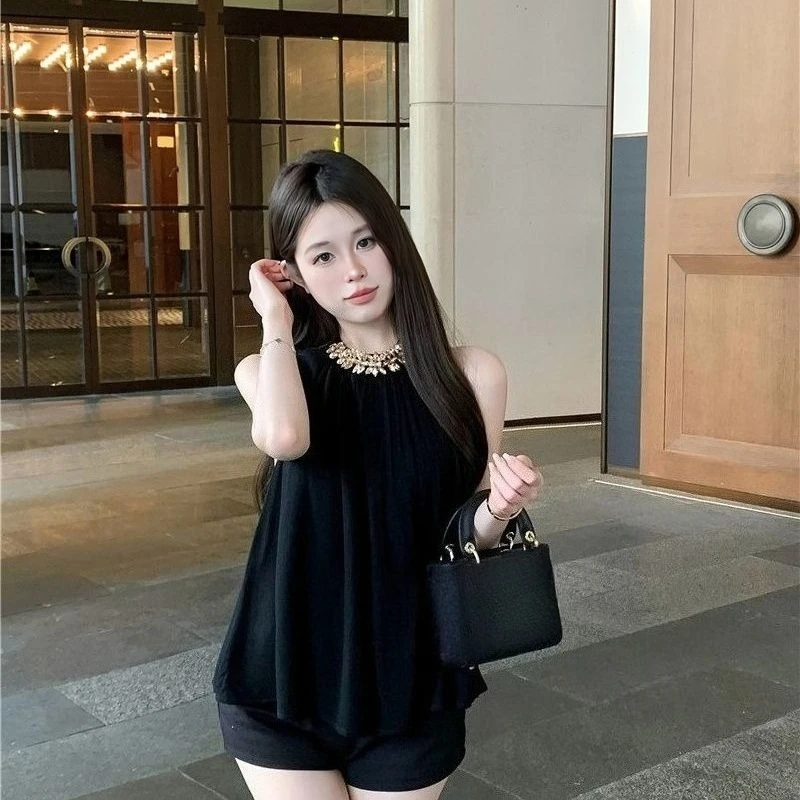 Women's Black Halter Chiffon Top 2026 Summer New Sequin Embellished Loose Casual Blouse Y2k Going Out Shirt