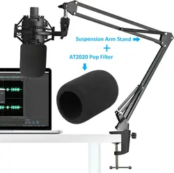 AT2020 Mic Boom Arm with Foam Windscreen, Suspension Boom Scissor Arm Stand with Pop Filter Cover for Audio-Technica AT2020 Micr