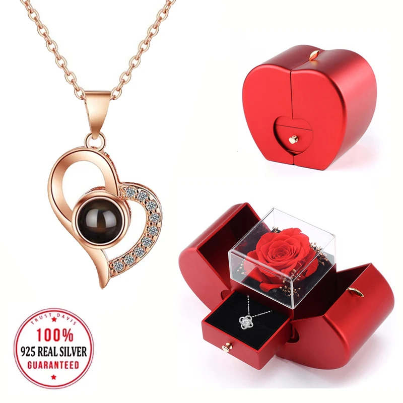 S925 Silver Projection Necklace With Luxury Apple Gift Box 2024 Hot Valentine Present For Women Girlfriend Monther Romantic Gift