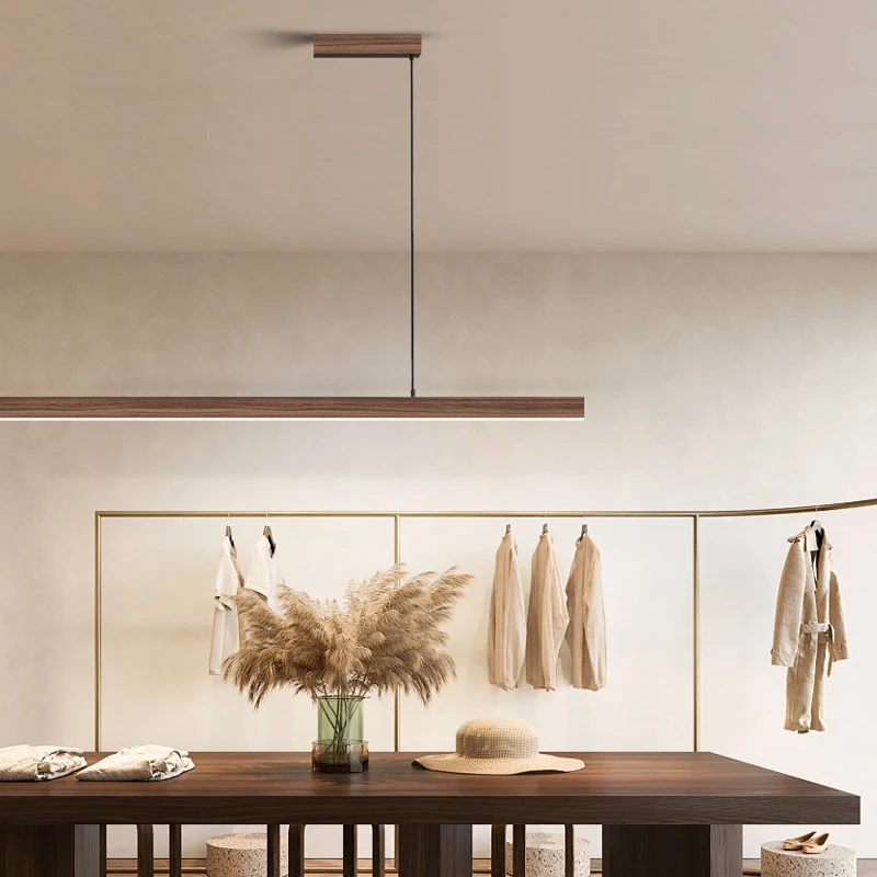 Nordic One-word Restaurant Chandelier Simple Solid Wood Tea Room Dining Room Led Pendant Light Log Dining Table Strip Lamp