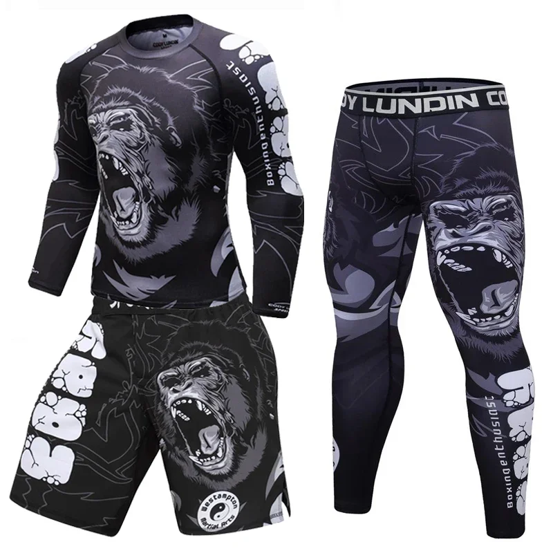 Mens Boxing Compression Rash Guard T-Shirts+Pants Sets Base Layer Athletic MMA Shorts BJJ No Gi Full Sportsuit Rashguard Shirt