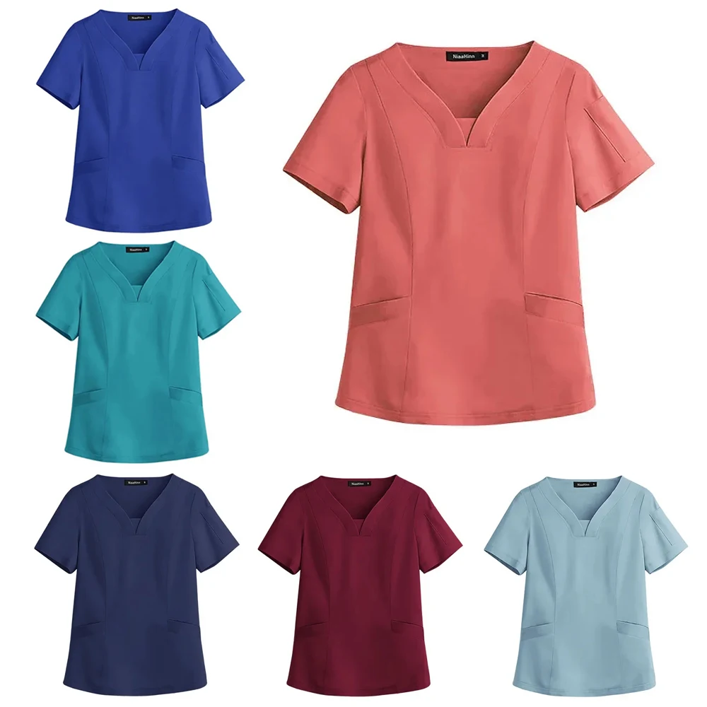 

New Short Sleeve Scrubs Top with Pocket Medical Nurse Uniforms Doctor Surgery Overalls Blouse Spa Outwear Beauty Salon Workwear