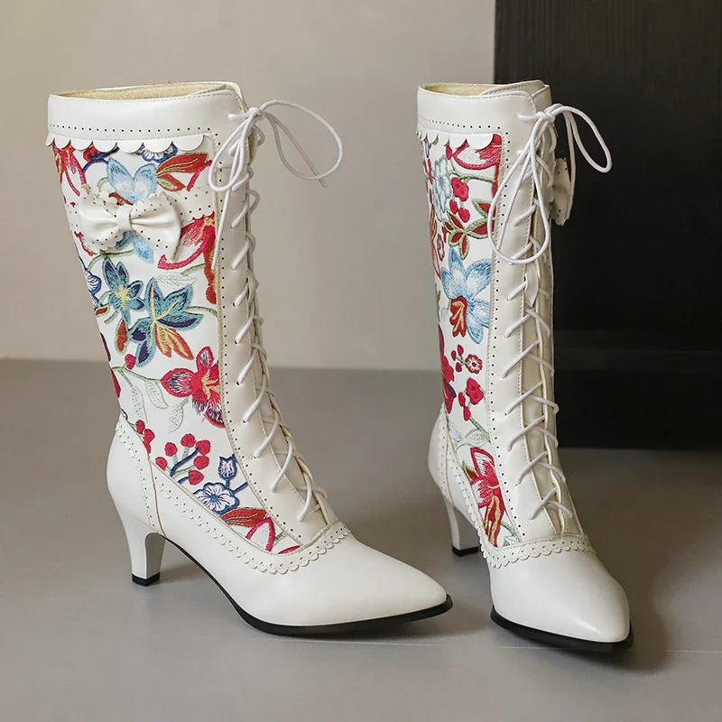 

Женская обувь с цветочным принтом и цветочным принтом, высокие каблуки в стиле Лолиты, ботильоны в стиле бохо на шнуровке с острым носком и завязкой-бабочкой