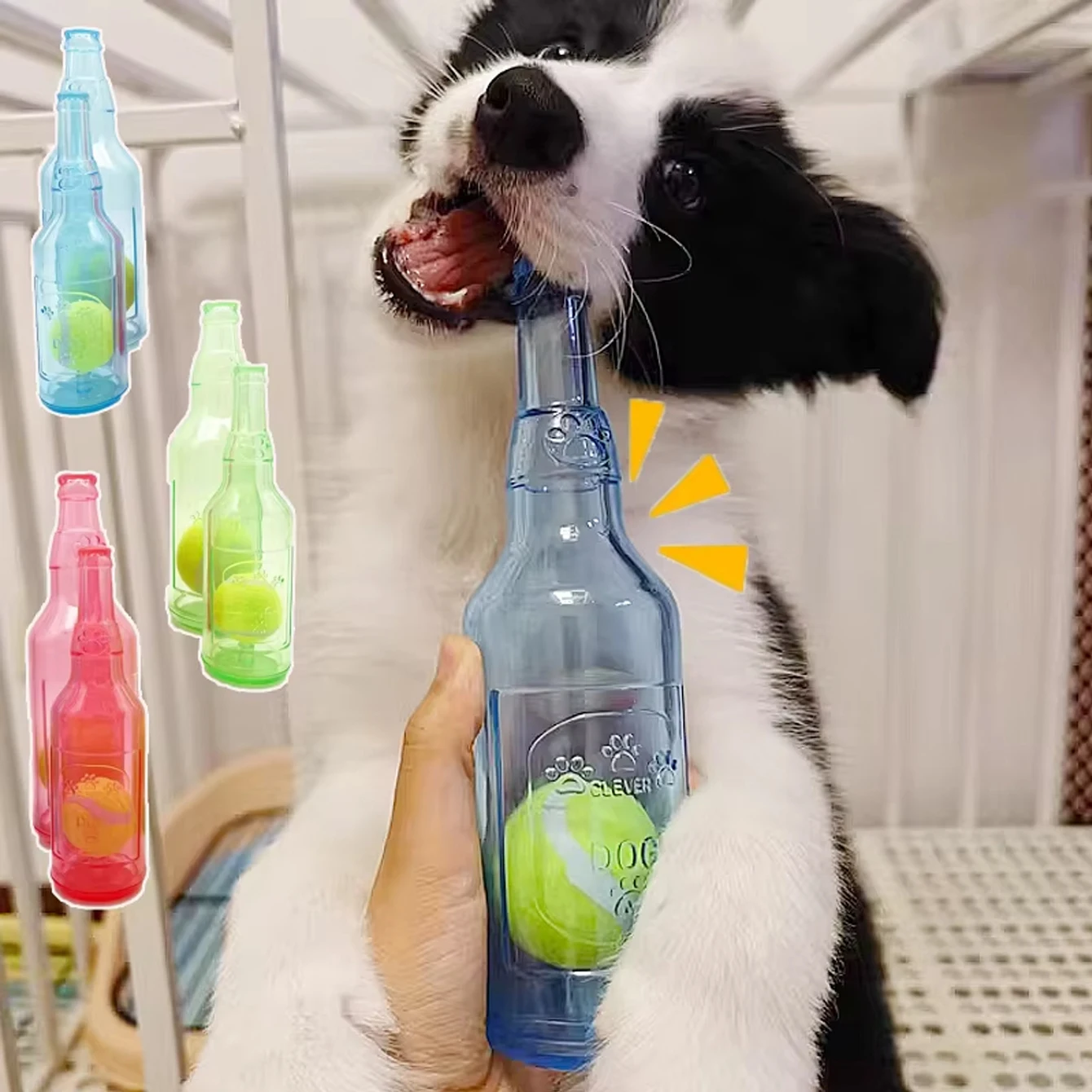 Juguete para masticar para mascotas, botella de cerveza resistente a mordeduras TPR con pelota de tenis, juguete para moler dientes de cachorro, juguetes interactivos para masticar perros