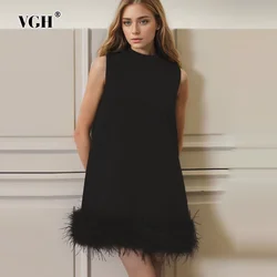 VGH Solid Patchwork Feathers Mini Dresses For Women Stand Collar Sleeveless High Waist Minimalist Loose Dress Female Fashion New