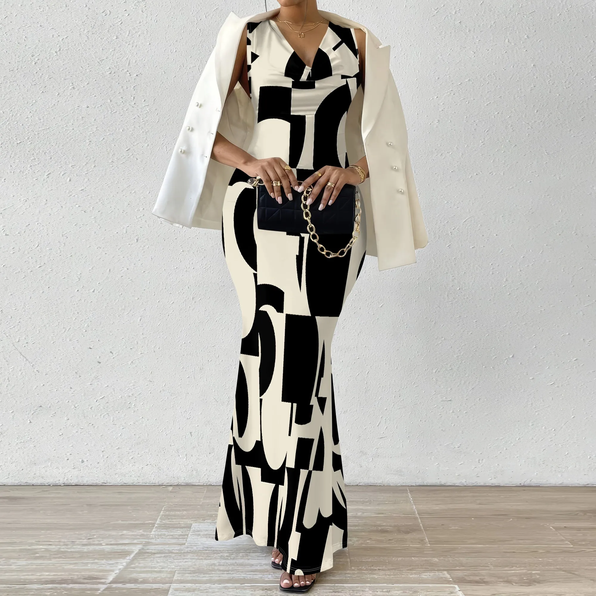 

Abstract Print V-Neck Maxi Dress Women Sleeveless Bodycon Mermaid Party Office Dress 2025