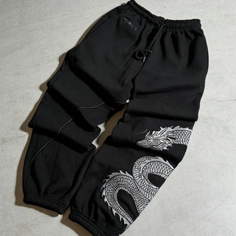 

2025 New American Retro Y2K Trendy Cool Gothic Street Wear Dark Dragon Embroidered Pants