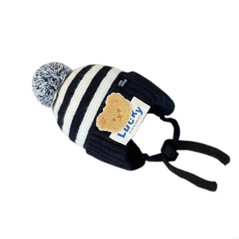 

Q22D Lucky Bear Striped Hat Children's Stylish Warm Beanie Cap Ear Protections Bonnet with Chin Strap for Boys Girls