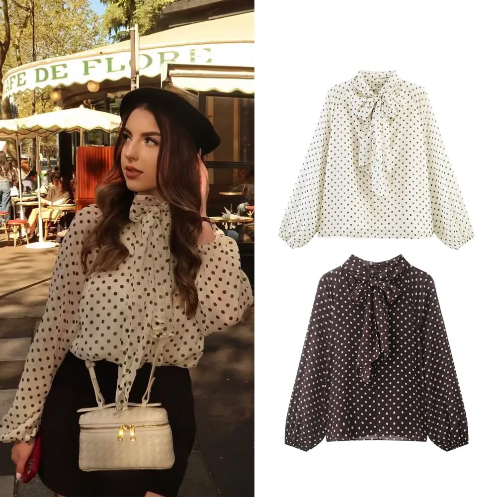 Blusa de Moda para Mujer con Estampado de Puntos, Blusa de Manga Larga con Lazo y Cordones para Primavera/Verano, Blusas Elegantes para Dama, Tops de Moda Urbana