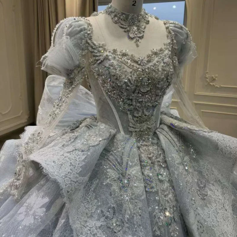 2024 new haze blue round-neck long-sleeved exquisite lace embroidered trailing wedding dress