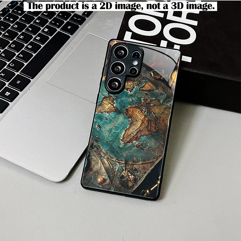 Shockproof Black Glass Phone Case 2D Print Teal Brown Antique Map Candle Shadow Pattern Full Protection For Samsung S26 S25 S24