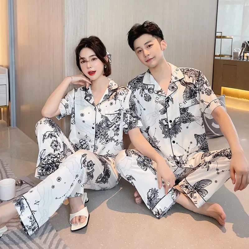 Ice Silk Couples Pajama Summer 2022 new ink and wash printing short-sleeve women's sleepwear thin men's large size nightgown