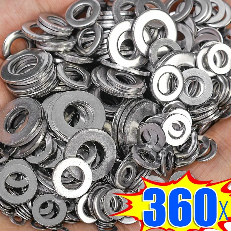 

360PCS Stainless Steel Flat Washer Metal Ring Hardware Plain Gasket Assortment Kit for Sump Plugs M2 M2 M2.5 M3 M4 M5 M6 M8 M10