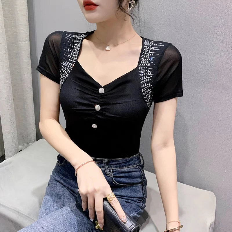 High Quality Summer V Necks Tshirts Sexy European Clothes Glitter Diamonds Women Short Sleeves Slim Ladies Mesh Office Tops Tees