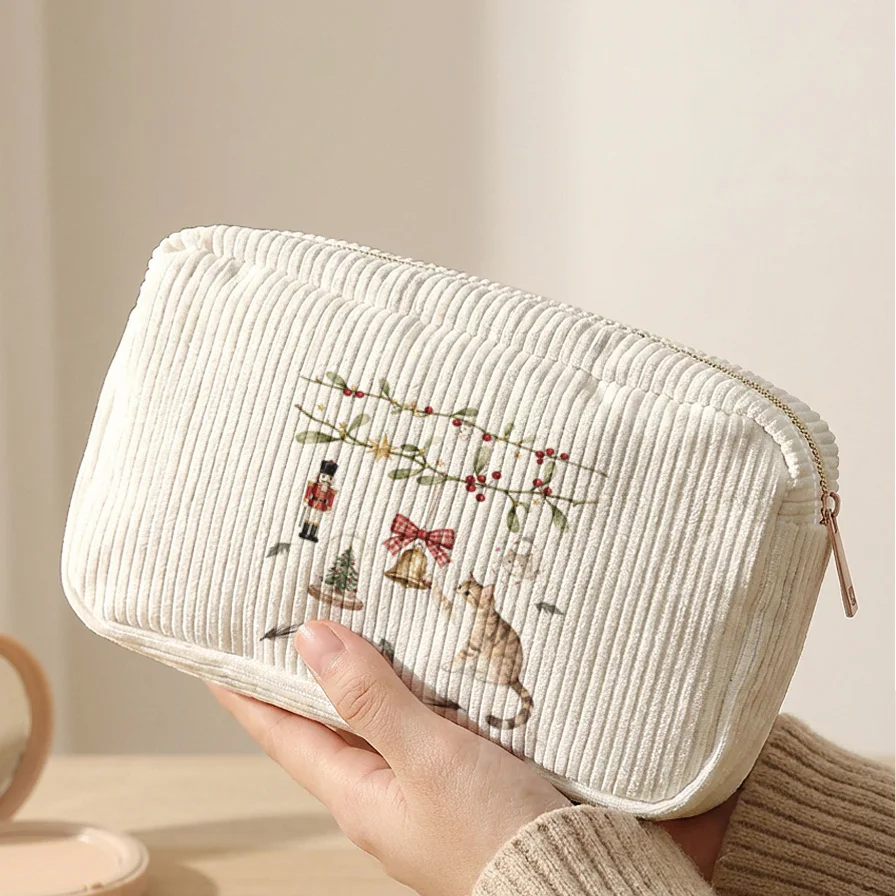 Christmas Cosmetic Bag Corduroy Nutcracker Kitten Bell Berry Branch Print Zipper Pouch Travel Makeup Storage Bag Christmas Gift