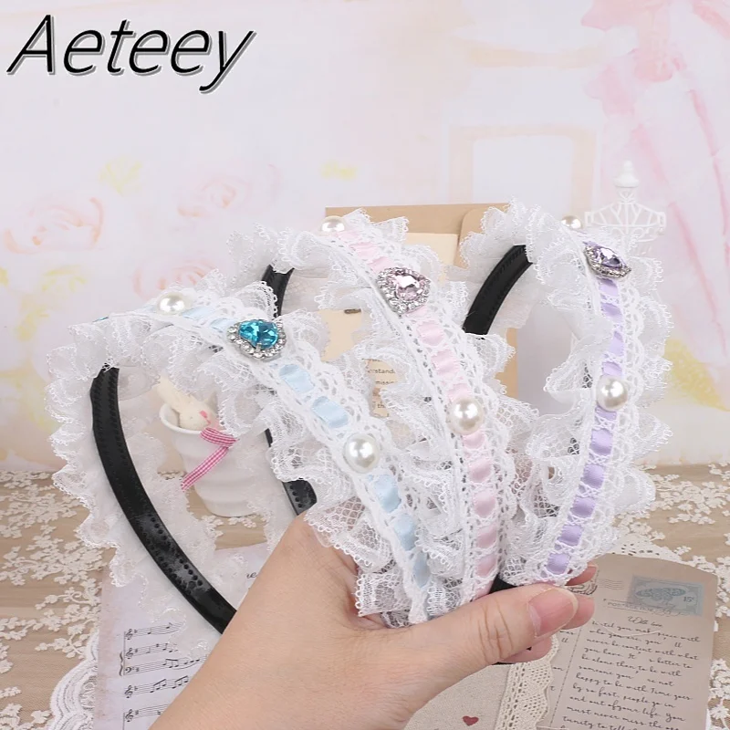 Handmade Japanese Original Kawaii Sweet Lace Love Rhinestone Macaron Hairpin Hair Bow Lolita Girls Headband Hair Accesssoires