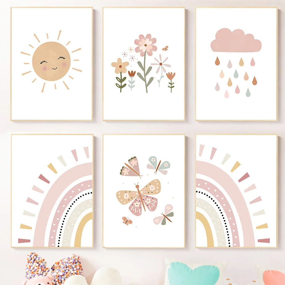 Cute Sun Rainbow Clouds Butterfly Flower Wall Art Canvas Painting Pink Posters And Prints Pictures Girl Kids Room Bedroom Dec