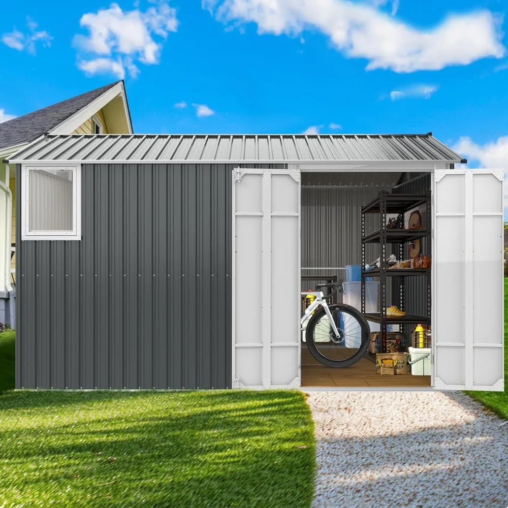 8x12 Ft Metal Outdoor Storage Shed with Window, Floor Base, Air Vents and Double Hinged Door,supported by reinforced metal beams